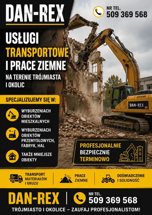 Wyburzenia obiektów,prace ziemne,usługi transportowe,wynajem koparek, samochodów ciężarowych