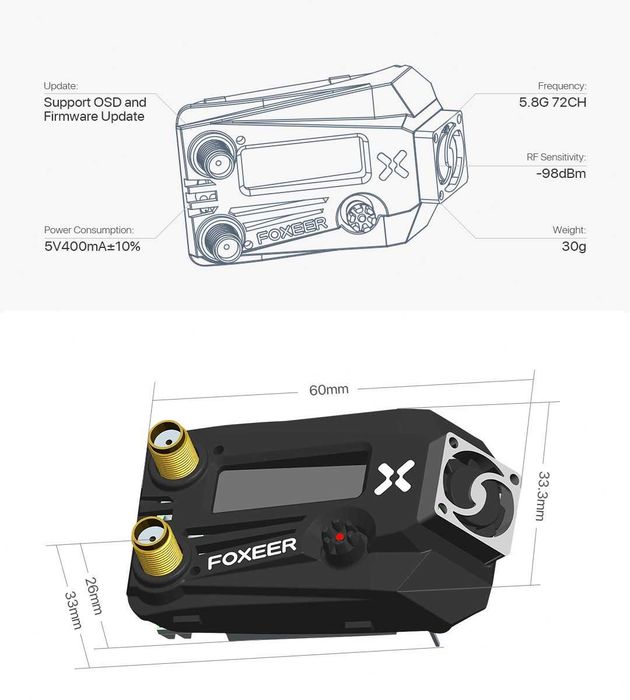 Відеоприймач Foxeer Wildfire 5.8GHz 72CH VRX для Fatshark FPV новий
