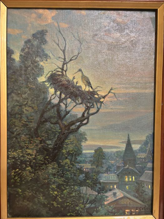 Obraz olejny – nocny pejzaż z bocianami, sygnowany – 58 × 41 cm