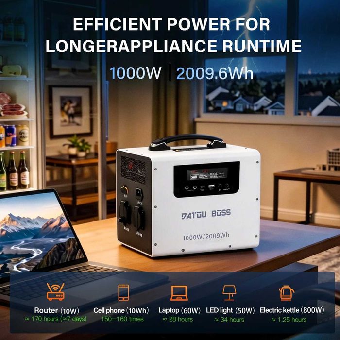 DATOUBOSS JC-1020, 1000 Вт, 2009 Вт·год, 230 В, чиста синусоїда, портативна електростанція з 550 Вт MPPT, резервне джерело безперебійного живлення