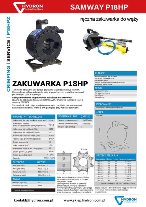 Ręczna zakuwarka do węży SAMWAY P18HP + transport + CE + tabele