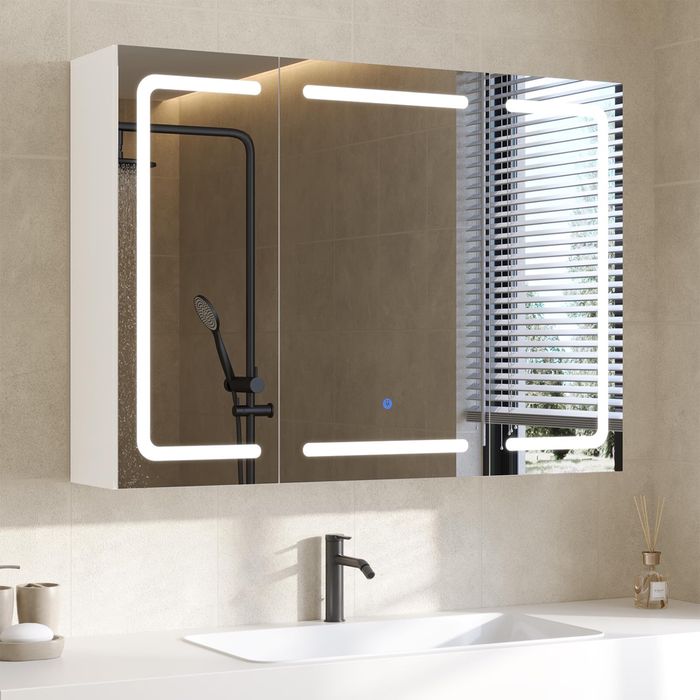 Biała szafka łazienkowa z lustrem 90x60cm z LED i gniazdkiem