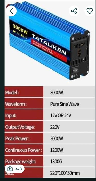 Інвертор перетворювач 12-24V на 220V з чистою синусоїдо Tataliken