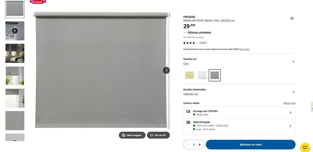 Estore de correr blackout opaco FRIDANS do IKEA 200x195