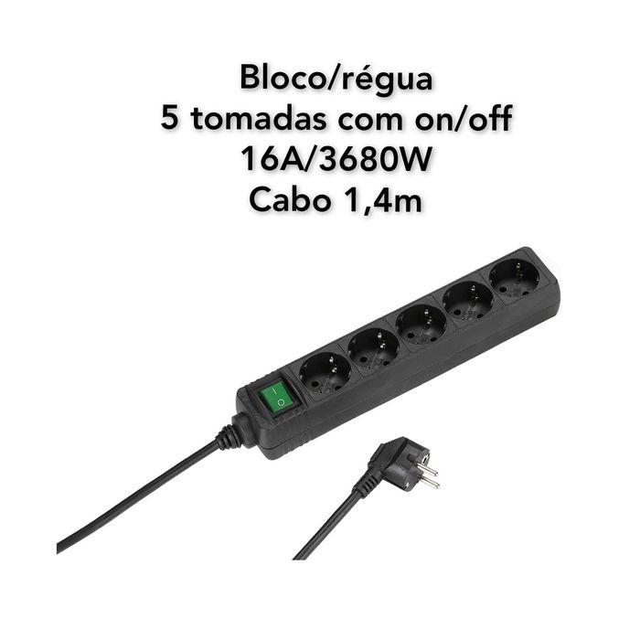 Tripla bloco régua 5 tomadas on off 16A