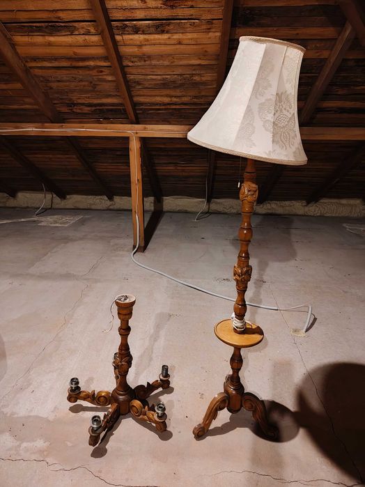 Drewniana lampa stojąca rzeźbiona Vintage PRL 180 cm + żyrandol