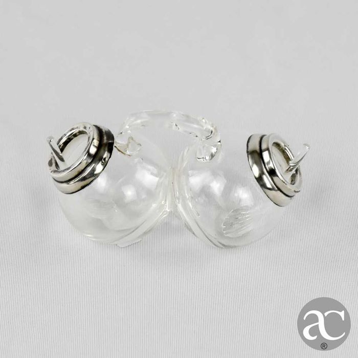 Saleiro e Pimenteiro vidro e prata Leitão & Irmão, pequenas colheres