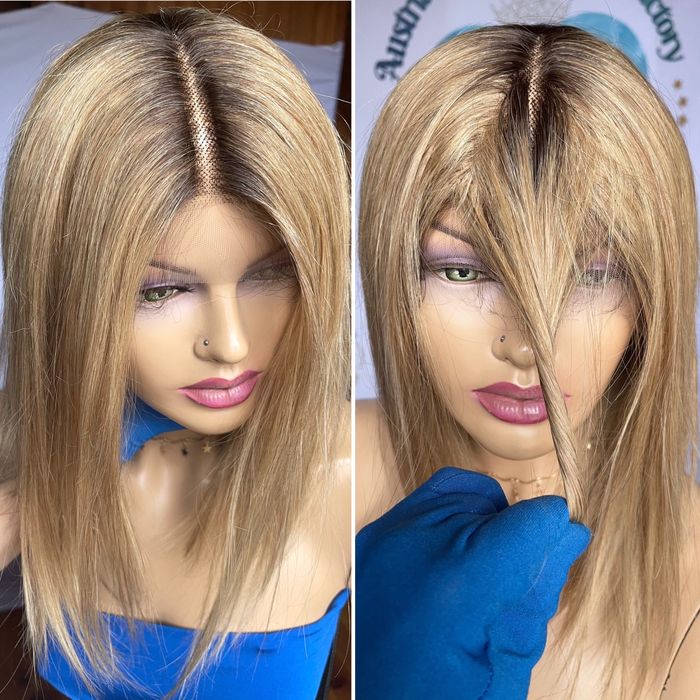 Натуральный парик имитация кожи славянский волос русый блонд корни