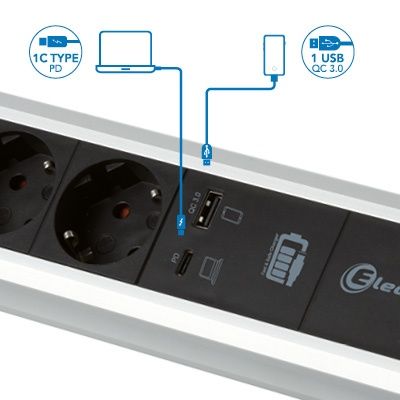 Nova! Extensão 3 soquetes Schuko + 2 portas USB A  e C 60W