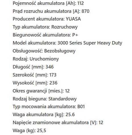 Akumulator Yuasa YBX3665 Iveco , John Deere 112Ah 850A