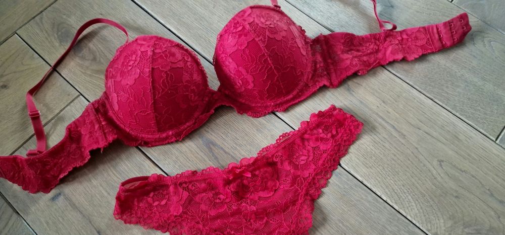 H&M komplet bielizny czerwony super push up 75b 36s