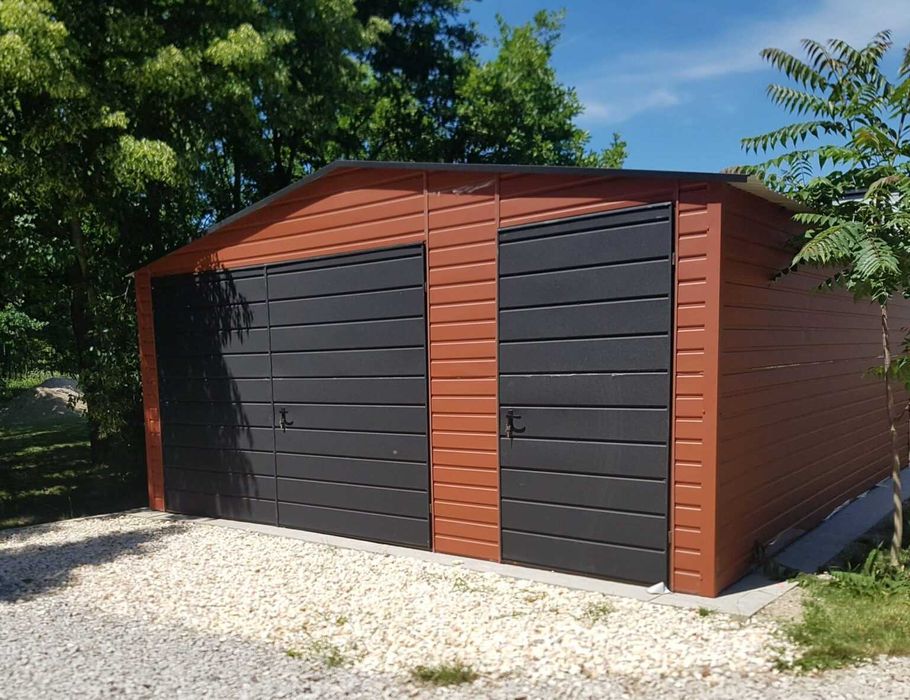 Garaż blaszany 5×6 Drzwi Okno Brama dwuskrzydłowa – jasny brąz/czarny