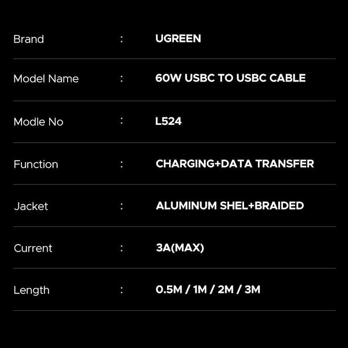 Кабель Type-C на Type-C 60W для швидкої зарядки тайп-с тайп-с PD 3A Fast Charging UGREEN провод шнур тайп си для быстрой зарядки