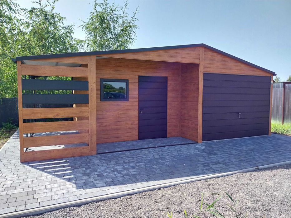 Garaż blaszany 6x5 + wiatka nowoczesne garaże drewnopodobne Gregor