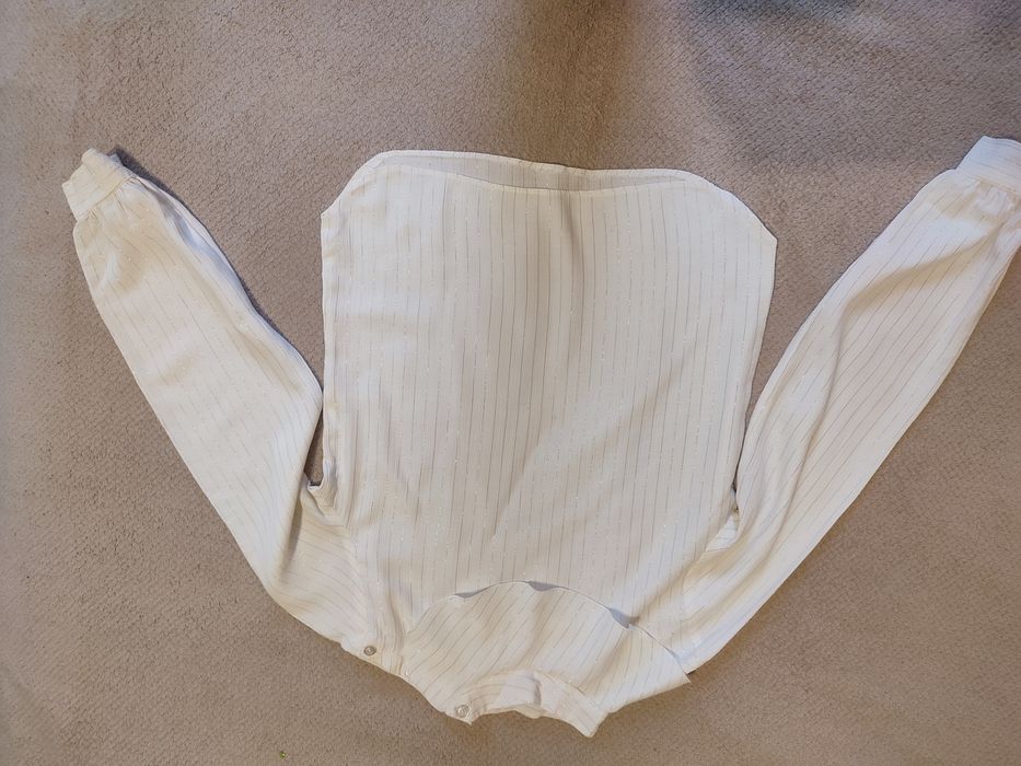 Bluzka z fantazyjnym kołnierzem r. XS retro vintage biała złote paski