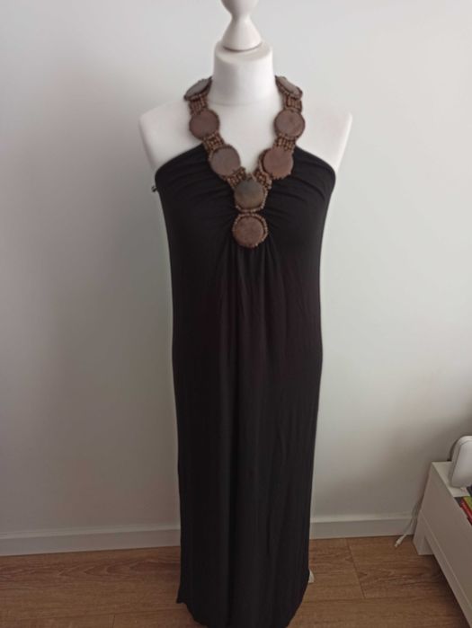 Sukienka maxi długa boho etno drewniany naszyjnik