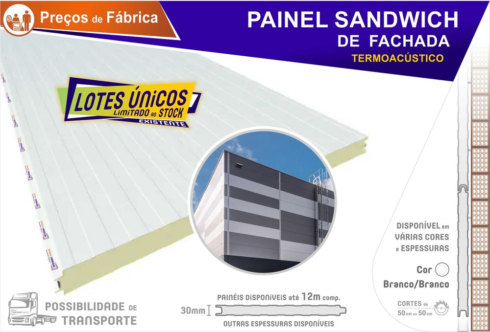 Painel SandWich de Fachada, Termoacústico, 30mm, Branco/Branco