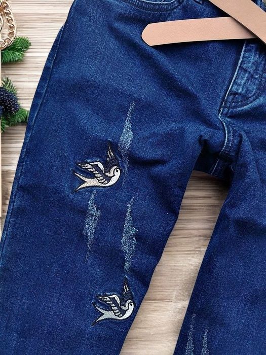 Spodnie Dżinsy Jeansy Haftowane Haft Ptaki Boyfriend Mom Boho Retro