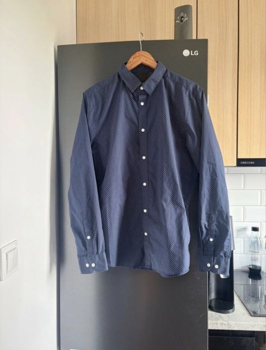 Koszula męska granatowa w białe groszki L slim fit