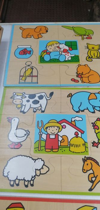 Três Puzzle infantil. Temas sobre animais e escola.