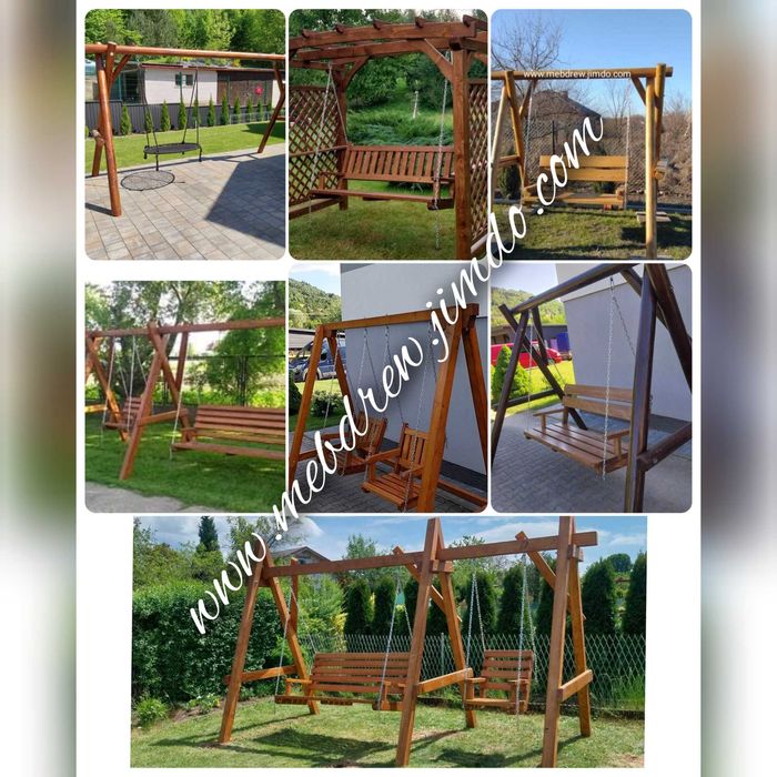 Ogrodowe meble drewniane + metal ocynk stół 2 ławki 2 fotele zestaw