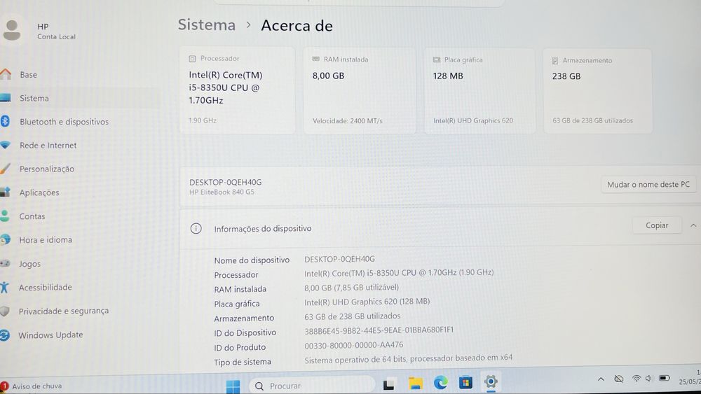 HP EliteBook 840 G5 | i5 8ª Geração | SSD | 8GB RAM