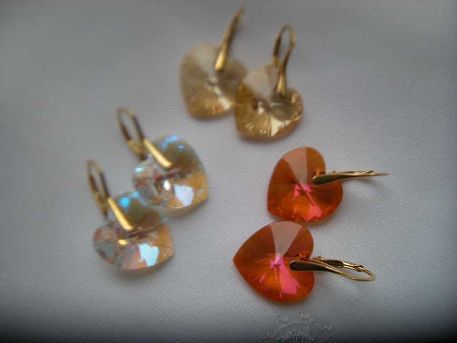 kolczyki kryształy serca 18mm złote pomarańczowe błękitne Swarovski