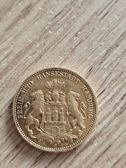 Złota moneta 20 Mark Hamburg 1876 J – Cesarstwo Niemieckie, oryginał