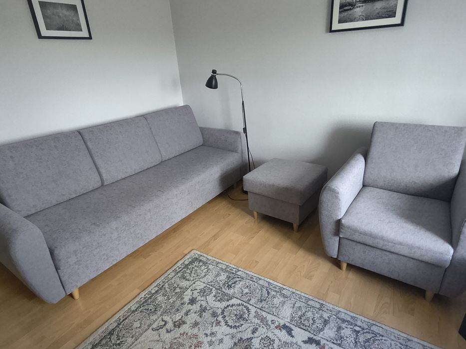 Kanapa, fotel, pufa. Komplet wypoczynkowy. Sofa