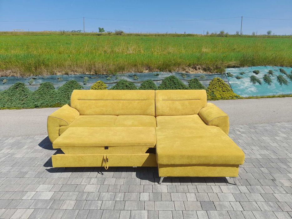 Narożnik musztardowy prawy funkcja spania i pojemnik