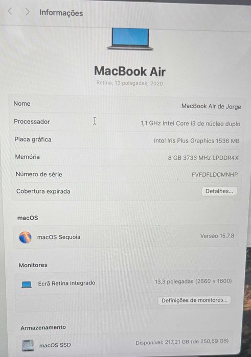 Macbook Air 13" 2020, Core i5 - 1.6Ghz, 8Gb RAM , 256Gb SSD