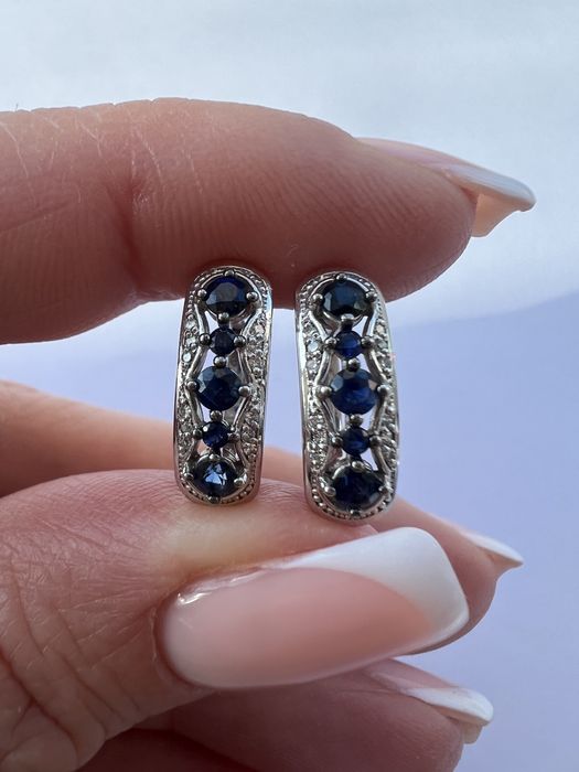Золотые серьги с  бриллиантами и сапфирами белое золото 585 проба