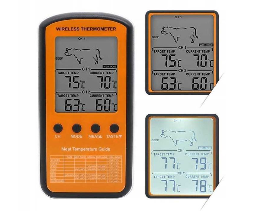 Bezprzewodowy TERMOMETR DO GRILLA wędzarni 2 SONDY czytelny kuchenny
