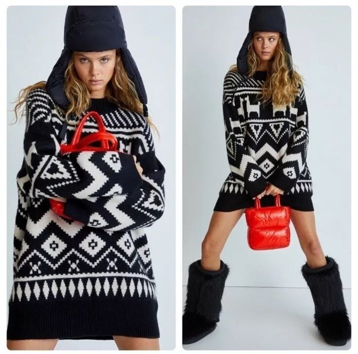 H&M L czarno-biały pudełkowy sweter z wełną oversize skandynawski wzór