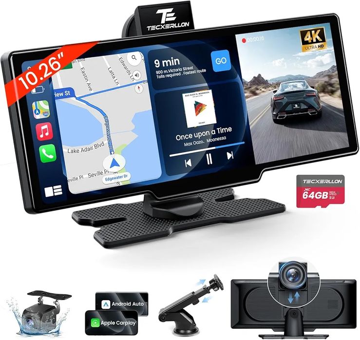 Бездротовий CarPlay та Android Auto Tecxerllon 10,26 дюймів з 4K відеореєстратором, камерою 1080P, GPS, Airplay та дзеркалом