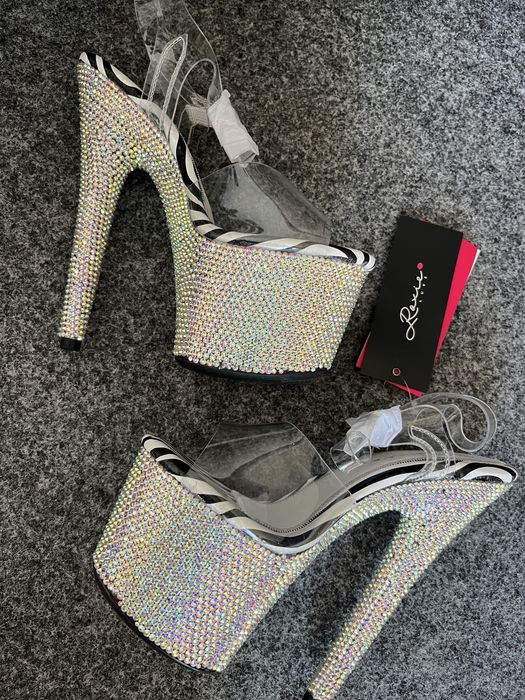 Szpilki Pole Dance zebry transparent cyrkonie 35 nowe Roxie Luve szkla