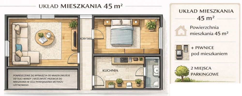 Mieszkanie 45mk2 w centrum BEZ POŚREDNIKÓW + dwie piwnice 25mk2