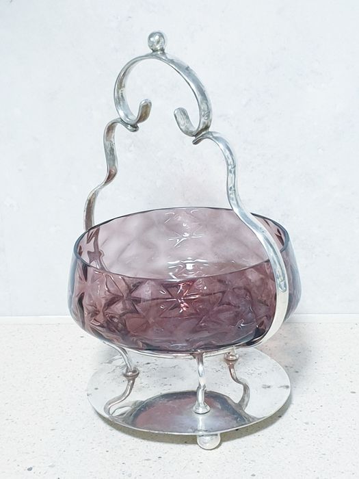 Lindissimimo antigo centro de mesa/taça - vidro com armação prateada