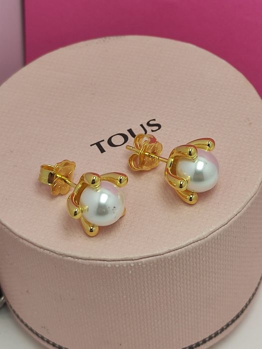 Kolczyki z misiem żółte srebro 925 z perłami 8 mm