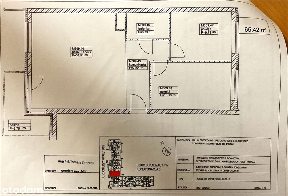 Mieszkanie 65,42 m2 (3 pok. + balon ) + miejsce w hali garażowej