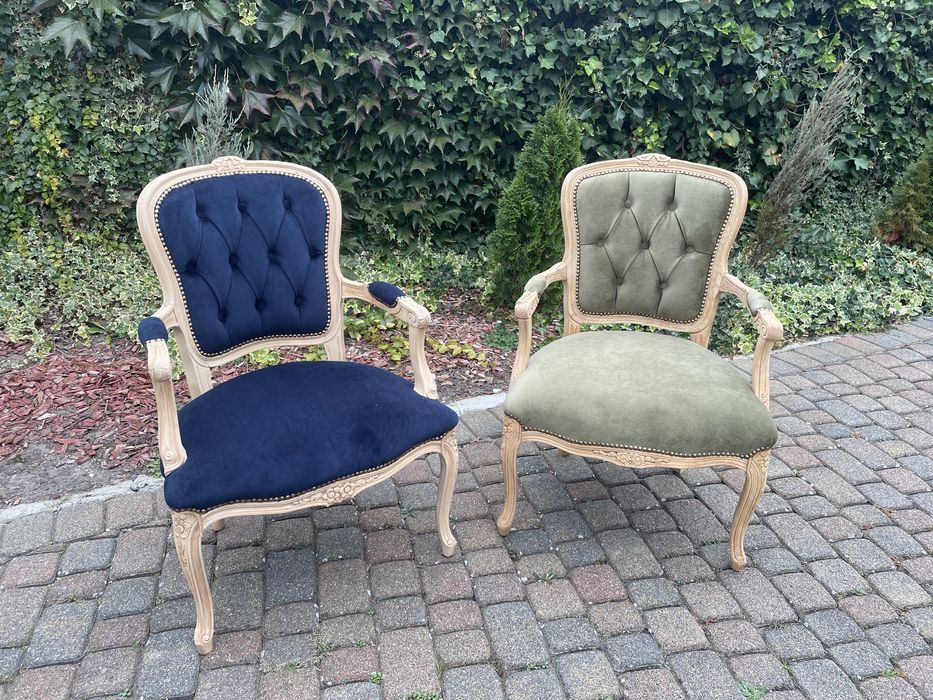 Fotel ludwikowski dąb drewno granat zieleń ława Ludwik XV renowacja