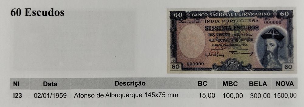 Nota 60$ 1959 Índia Portuguesa Excelente Estado Rara