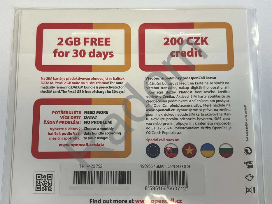 Czechy 12GB sim karta Opencall 200kc czeski starter nowy sieci O2