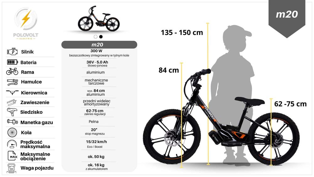 Rowerek biegowy elektryczny dla dzieci Polovolt M-20 Czarny 20"
