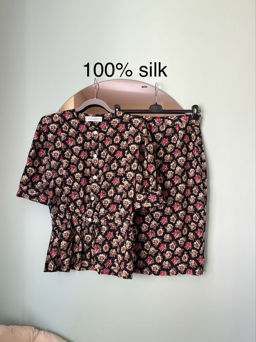 Fabris Muenchen 100% jedwab jedwabny komplet bluzka spódnica garsonka czarny w kwiatki vintage 42 XL