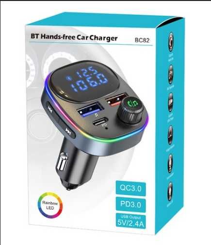 Transmiter Bluetooth FM do samochodu – szybka ładowarka USB/USB-C, AUX