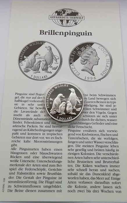 О-ви Кука. 5 доларів 1996р. ПІНГВІН. СРІБЛО. ПРУФ. Сертифікат
