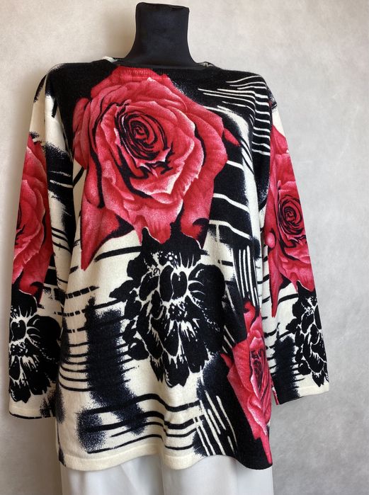 Sweter damski czarny w róże kwiaty wzory wełna elegancki 40 L XL