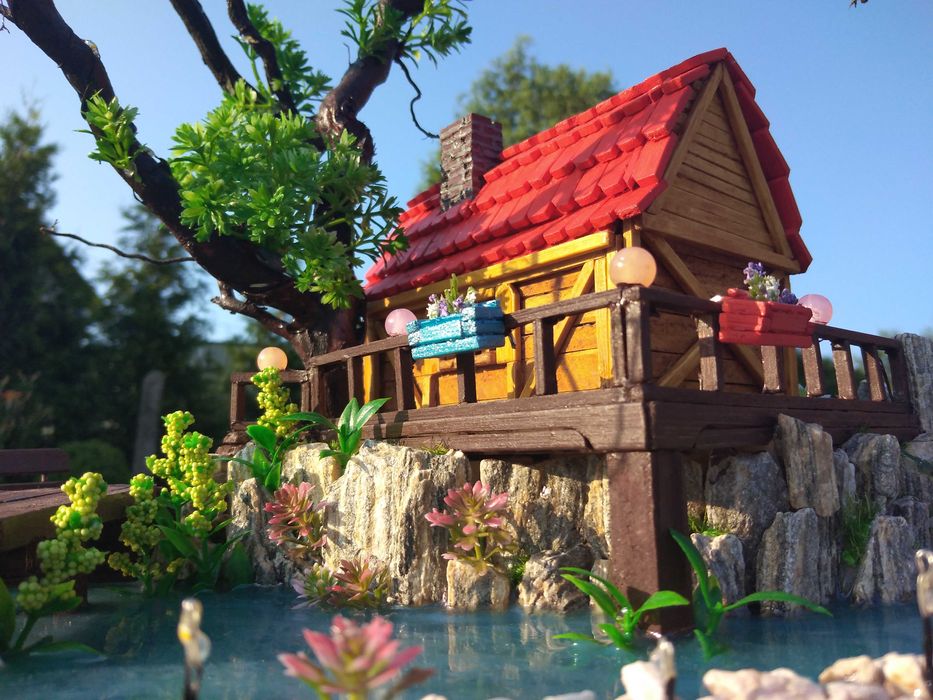 Rękodzieło Lampko-szkatułka "Domek nad stawem"