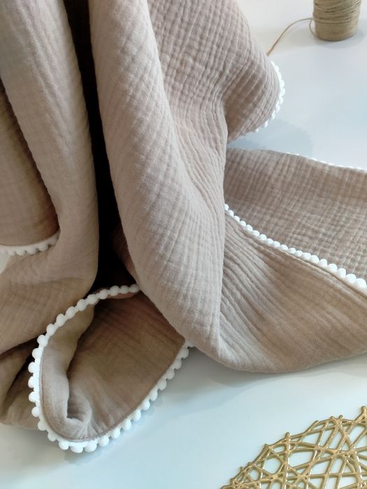 Муслінові пледики з помпонами, розмір 100*100, плед детский муслиновый (#6865)